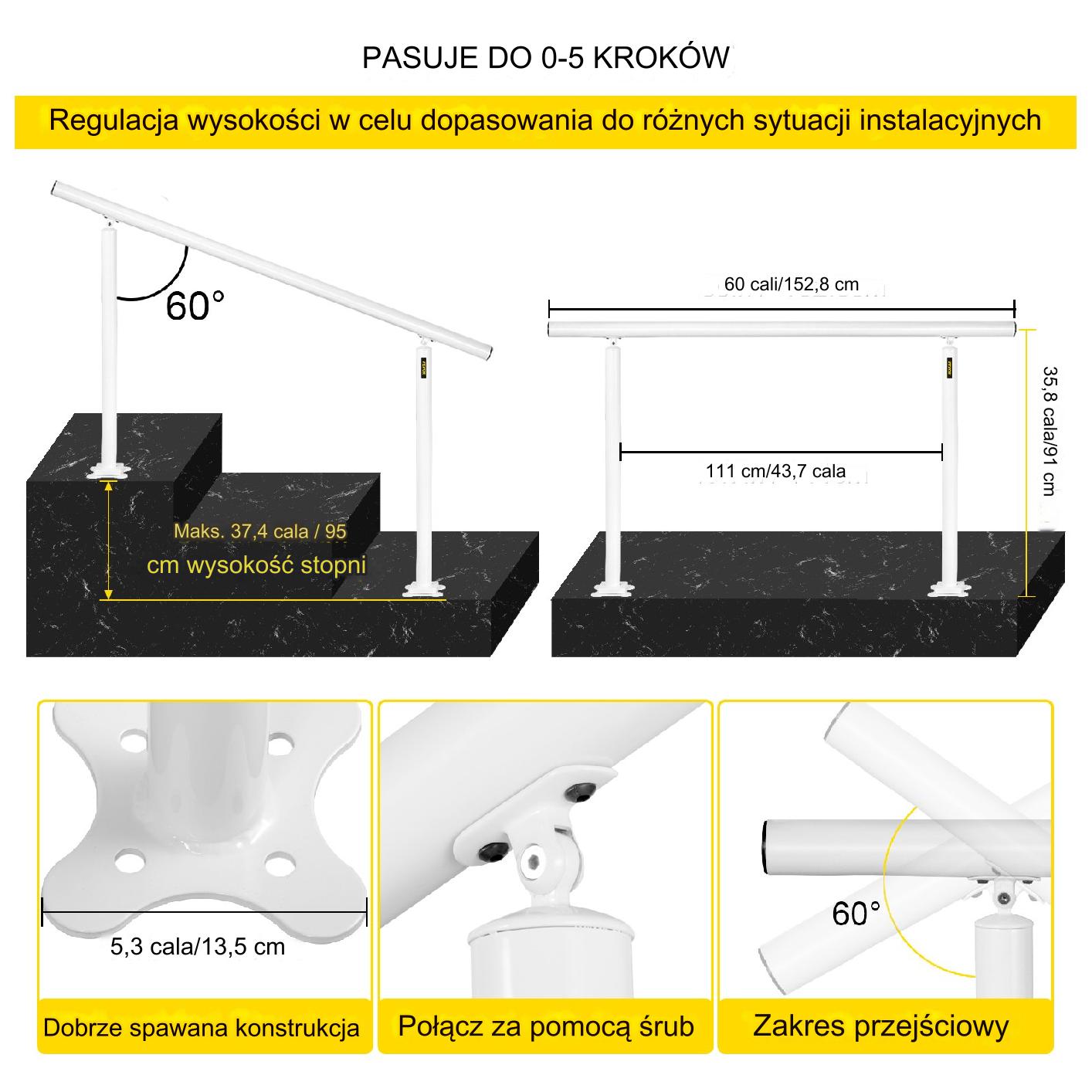 Poręcz schodowa zewnętrzna 152 cm regulowana 0-5 stopni biała aluminiowa - obrazek 2