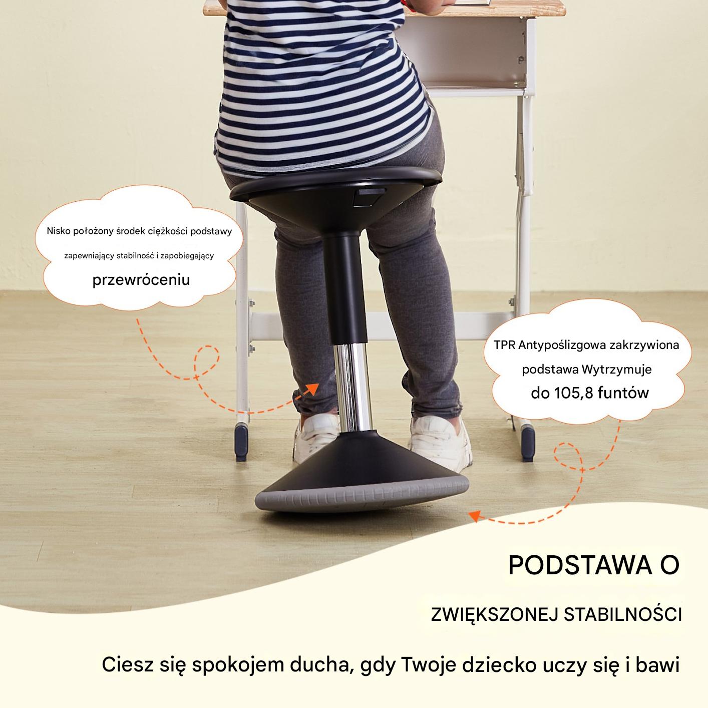 Krzesło aktywne regulowane 40-55 cm obrotowe dla dzieci 48 kg czarne ADHD - obrazek 3