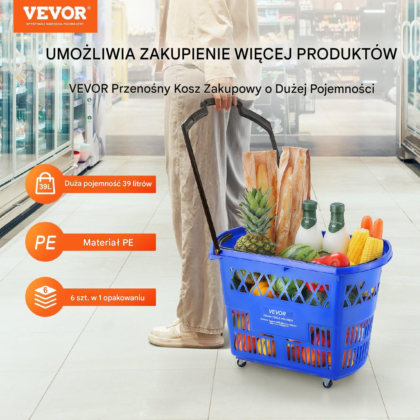 Koszyk sklepowy 40 L Kosz na kółkach Wysuwana Rączka 6 sztuk niebieski - obrazek 6