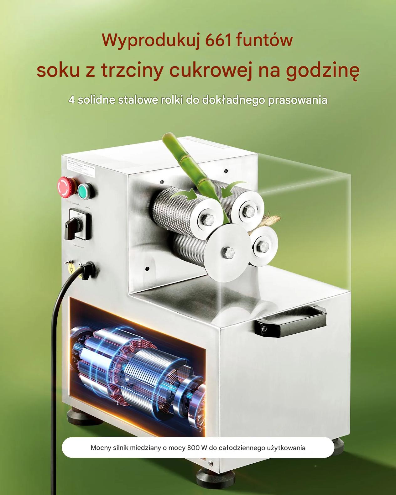 Wyciskarka do trzciny cukrowej 800W 300kg/h 4 rolki stalowa do lokalu - obrazek 3