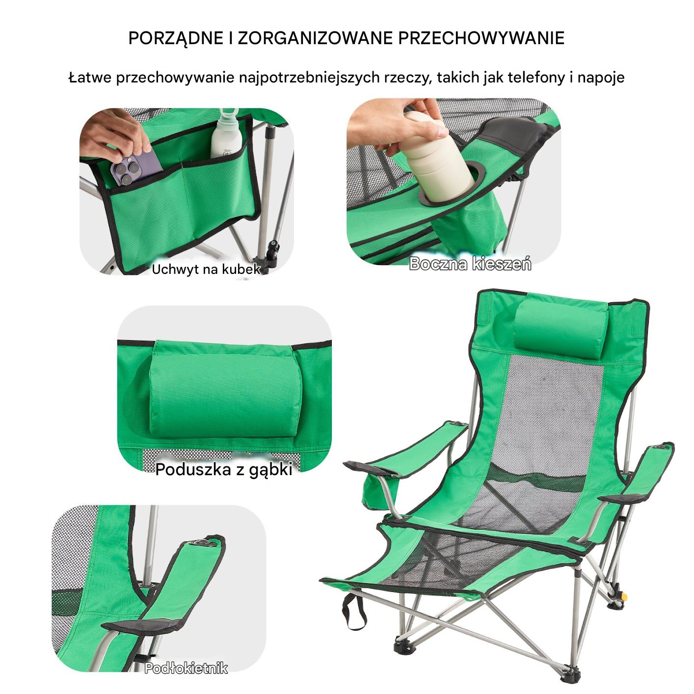 Składane Krzesło Kempingowe z Podnóżkiem Zielony - obrazek 6