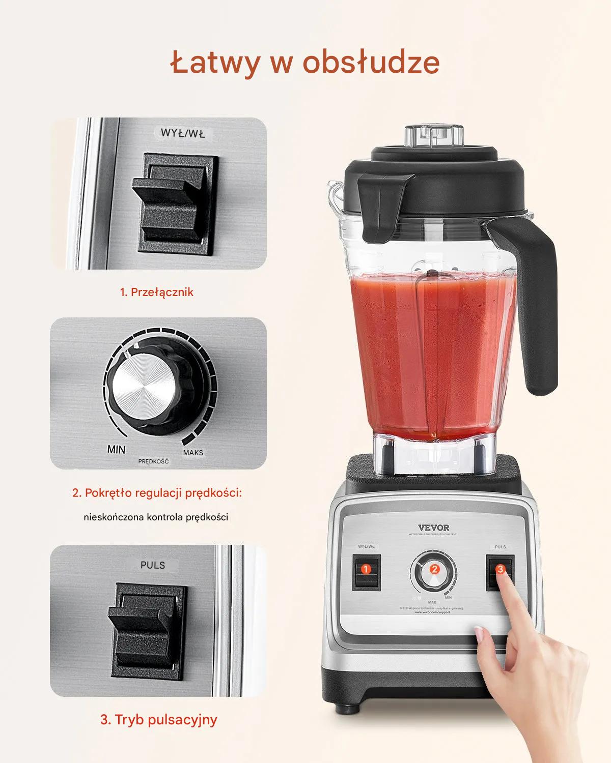 Blender kielichowy wielofunkcyjny 1600W 2,5 L smoothie koktalje i soków - obrazek 6