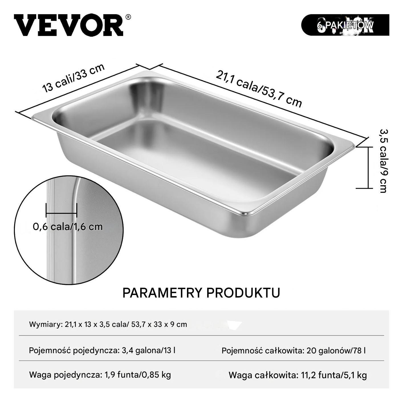 Pojemnik gastronomiczny GN 1/1 13L stalowy 6 szt do cateringu - obrazek 2