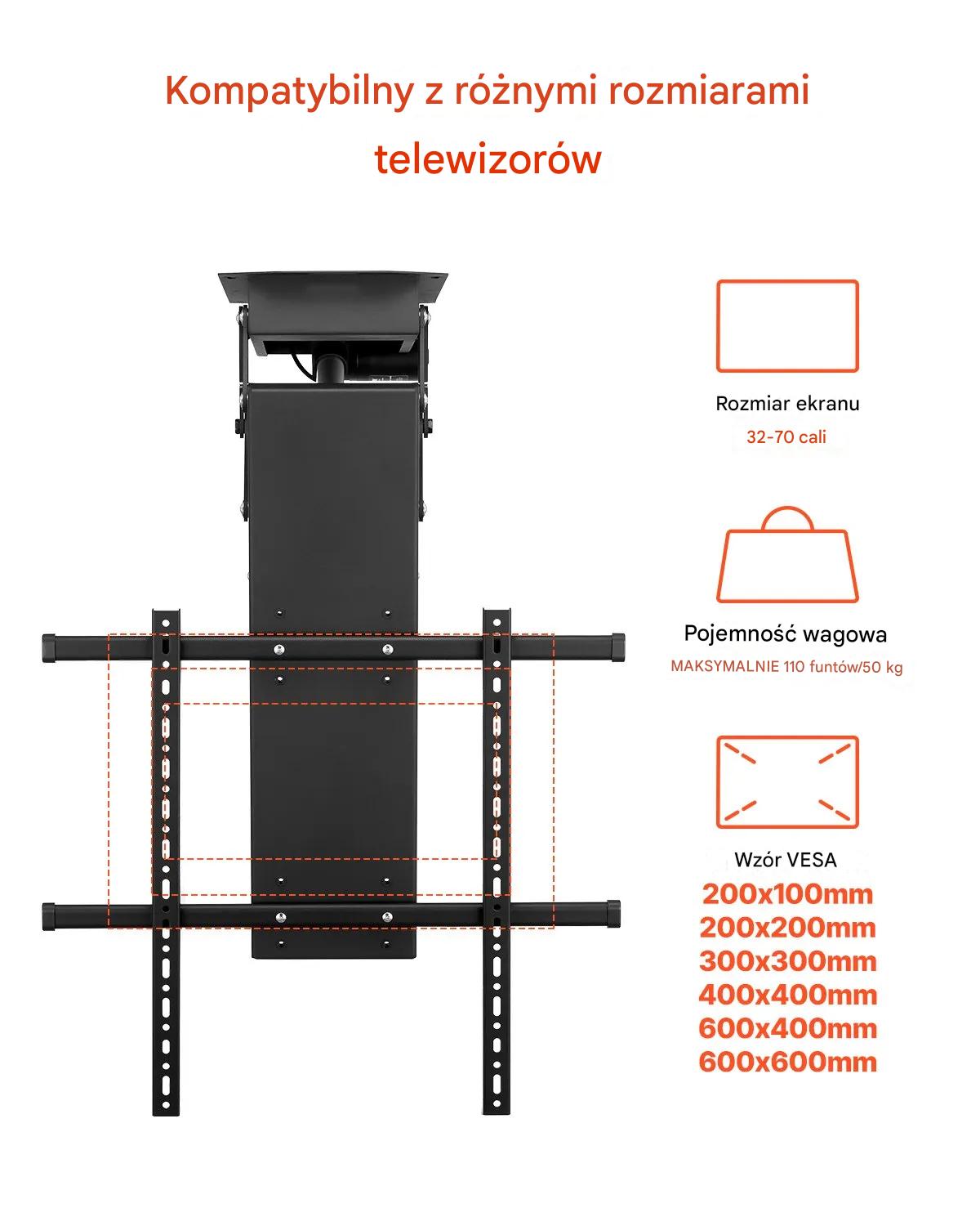 Uchwyt TV sufitowy 32–70" elektryczny regulowany flip-down VESA do zabudowy - obrazek 4