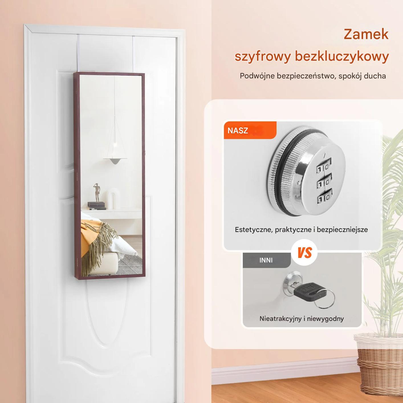 Szafa na biżuterię z lustrem LED 108cm montaż ścienny zamykana brązowa - obrazek 4