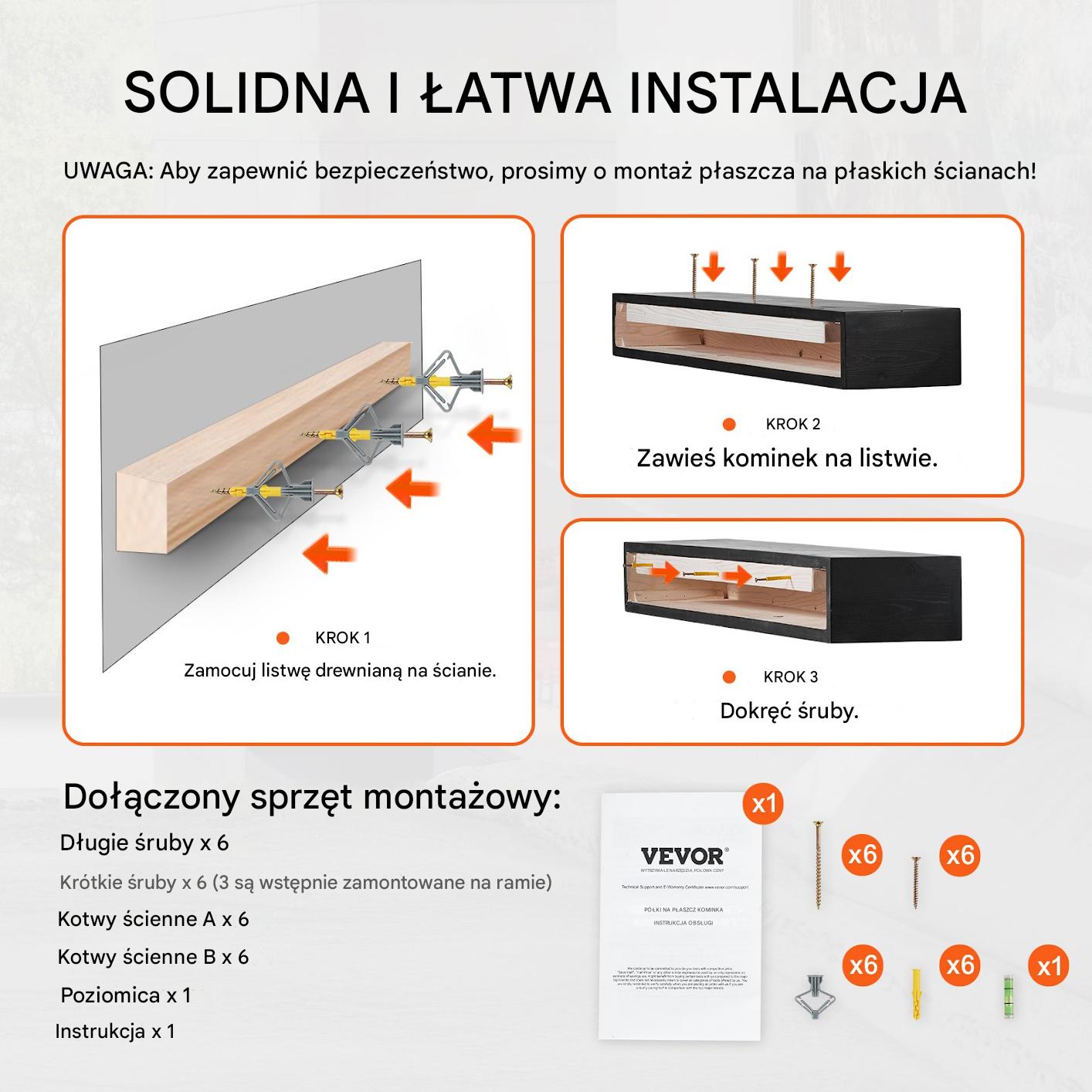 Półka na Kominek 121 cm Drewniana Sosnowa Wisząca do Salonu Espresso - obrazek 4