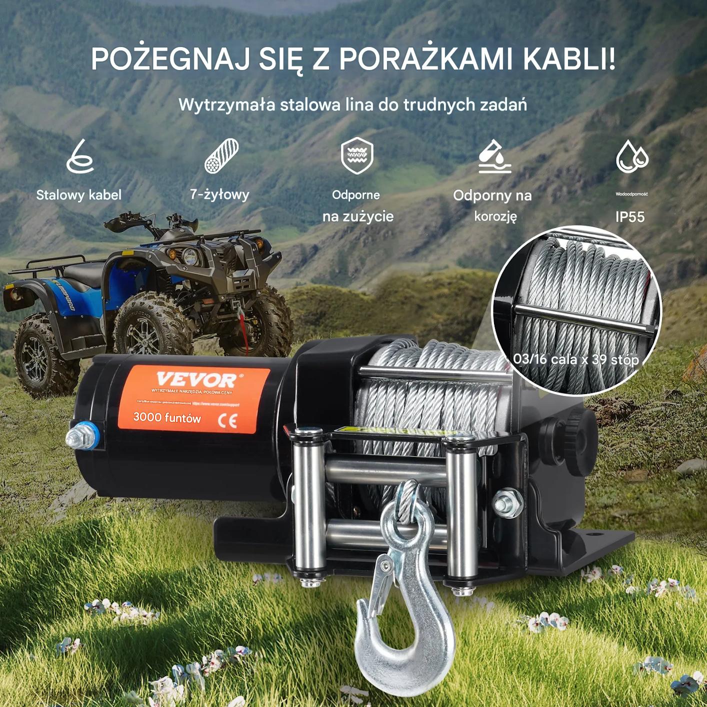 Wyciągarka elektryczna ATV UTV 1360kg stalowa lina - obrazek 7