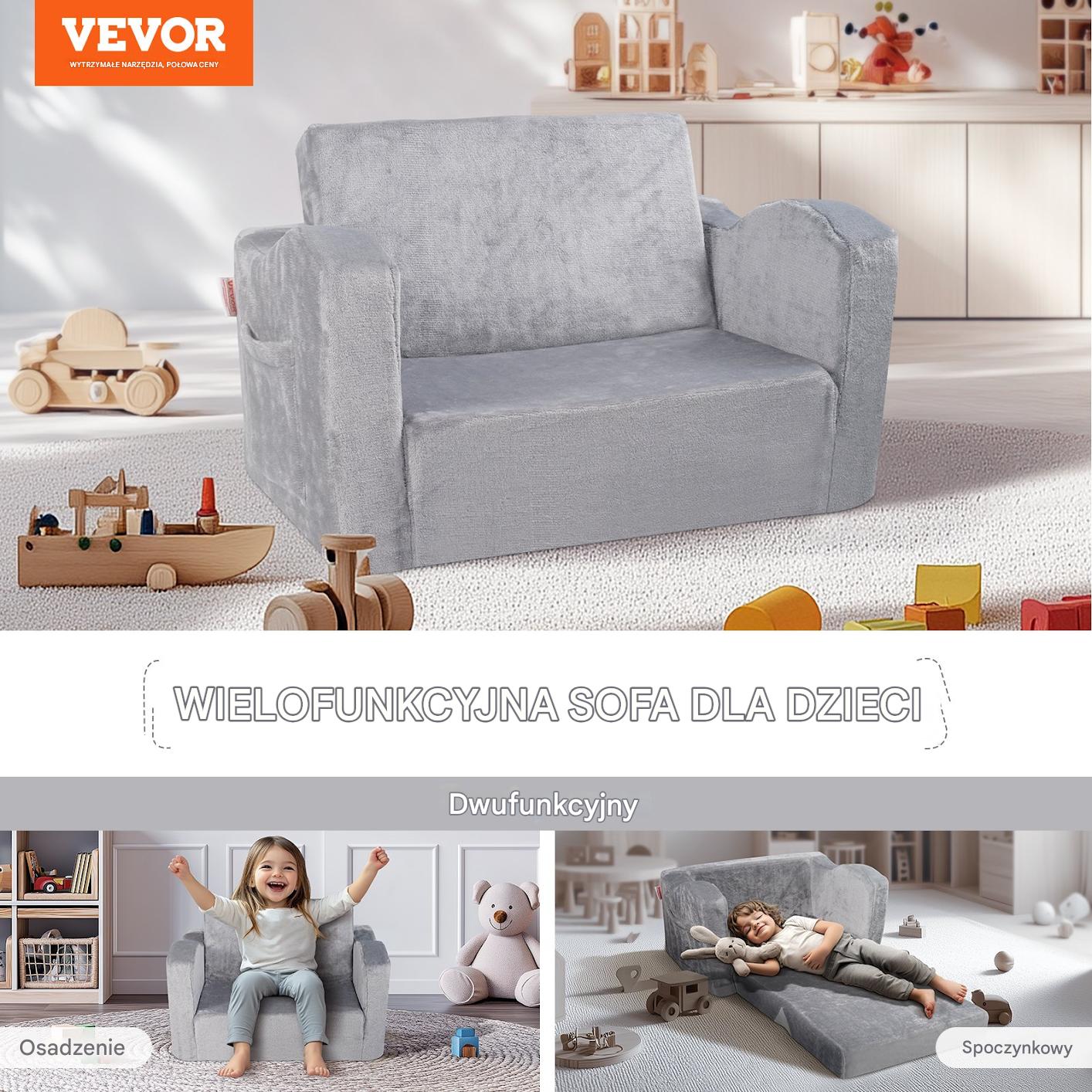 Fotelik dziecięcy składany 2w1 – kanapa sofa dla dzieci szara - obrazek 7