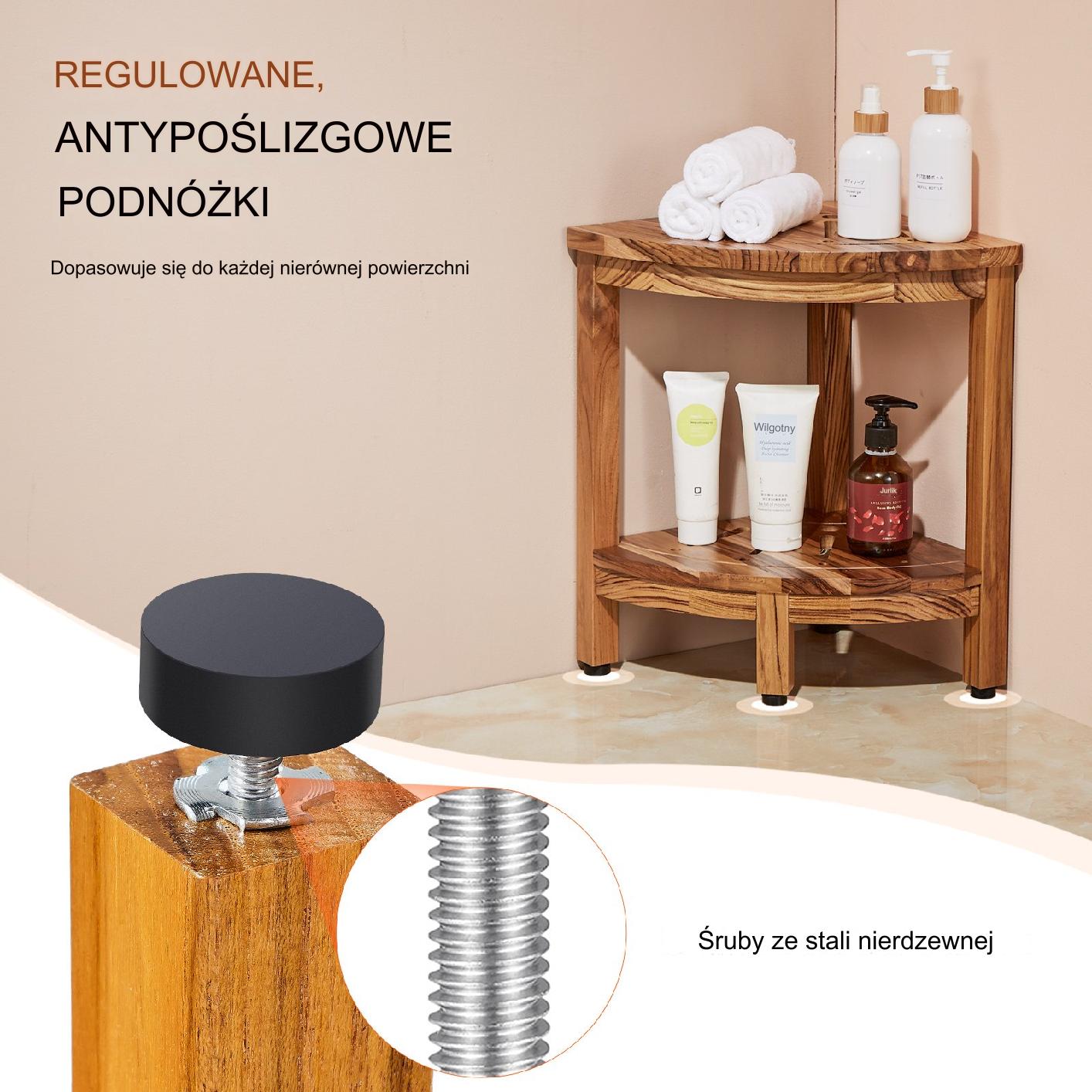 Ławka prysznicowa narożna teakowa 43x30 cm z półką odporna na pleśń - obrazek 5