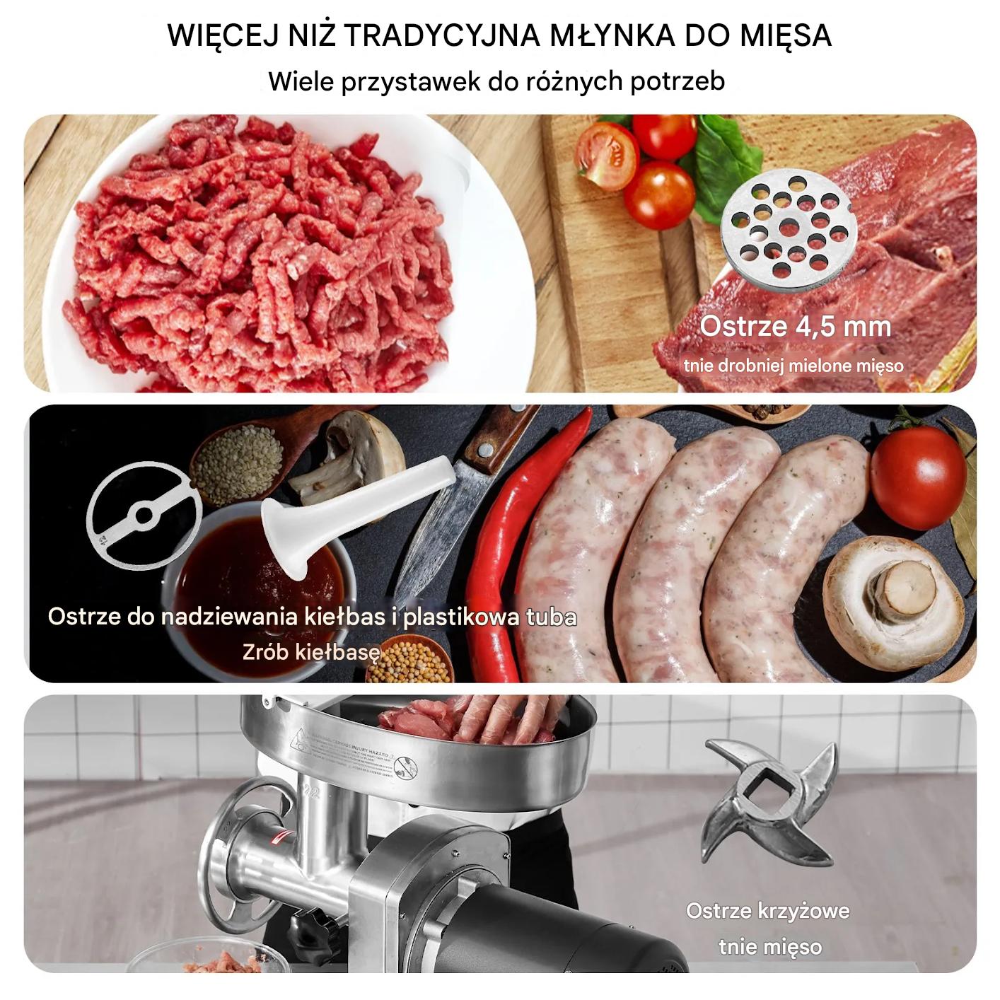 Maszynka do mięsa elektryczna 6,35kg/min stal nierdzewna kiełbasy szynka - obrazek 6