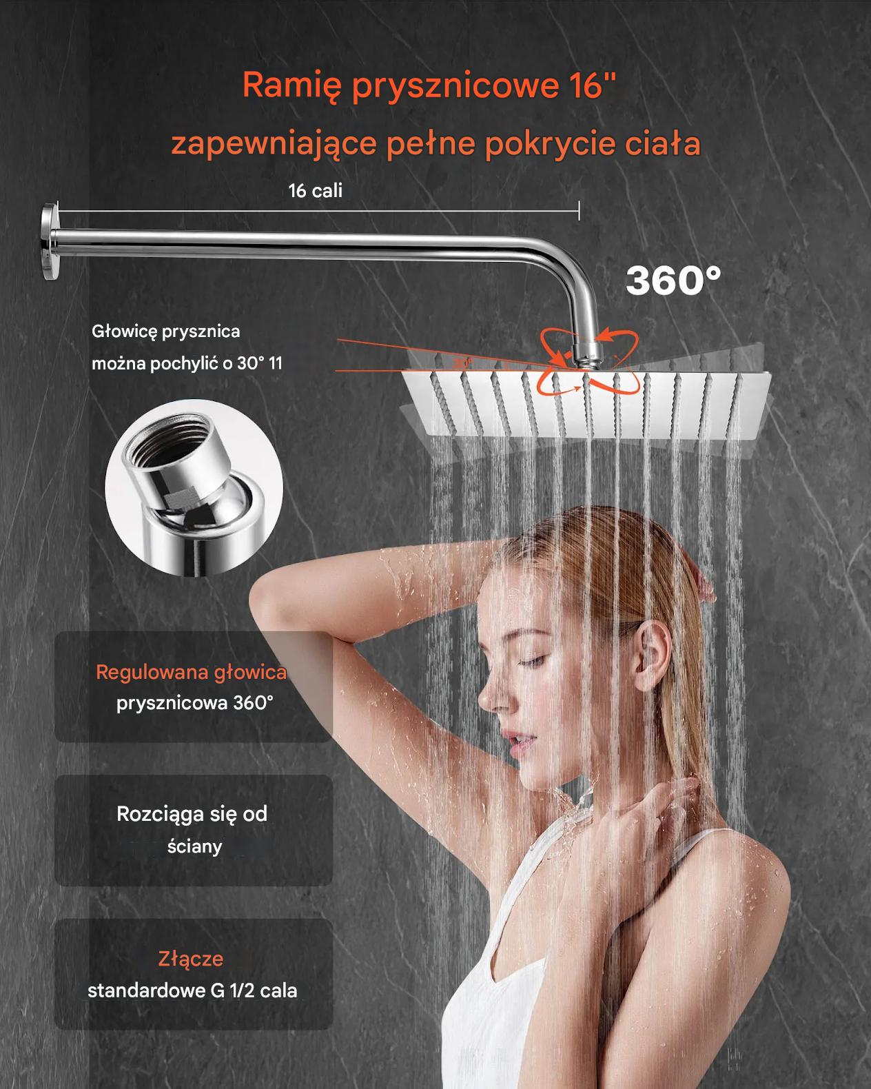 Zestaw prysznicowy deszczowy 25,4 cm kwadratowy z baterią ścienny chrom - obrazek 6