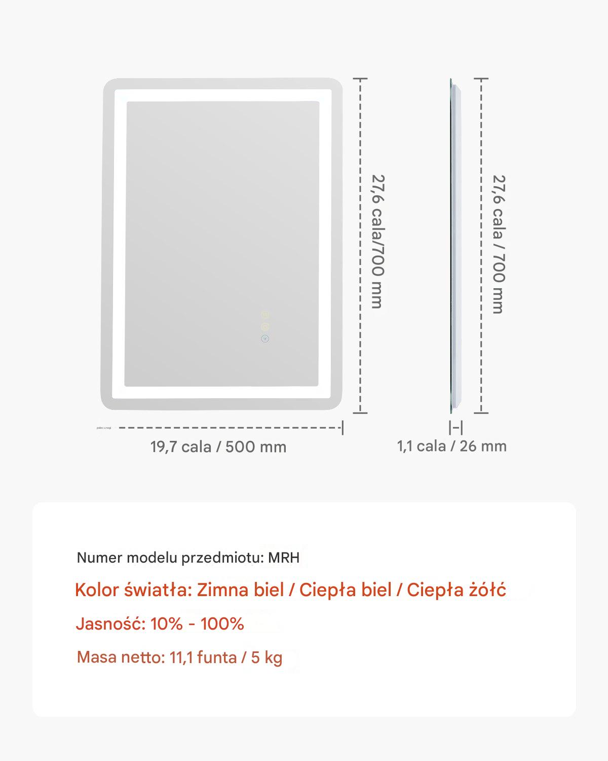 Lustro LED do Łazienki 50x70 cm z Podświetleniem i Funkcją Anti-Fog - obrazek 2