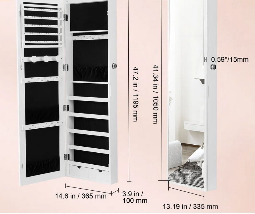 Szafa na biżuterię z lustrem LED 119 cm montaż ścienny zamykana biała - obrazek 2