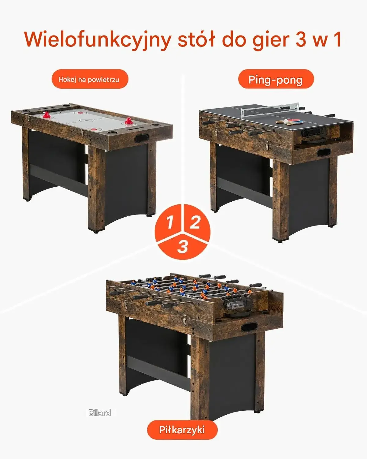 Stół do gier 3w1 air hockey ping pong piłkarzyki 137 cm rodzinny arcade - obrazek 2