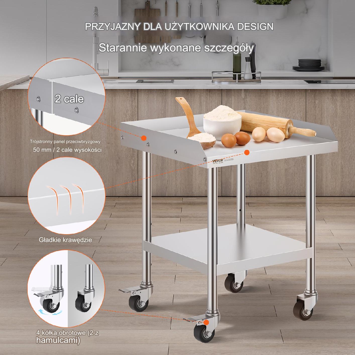Stół gastronomiczny nierdzewny 61x61cm na kółkach blat roboczy mobilny - obrazek 3