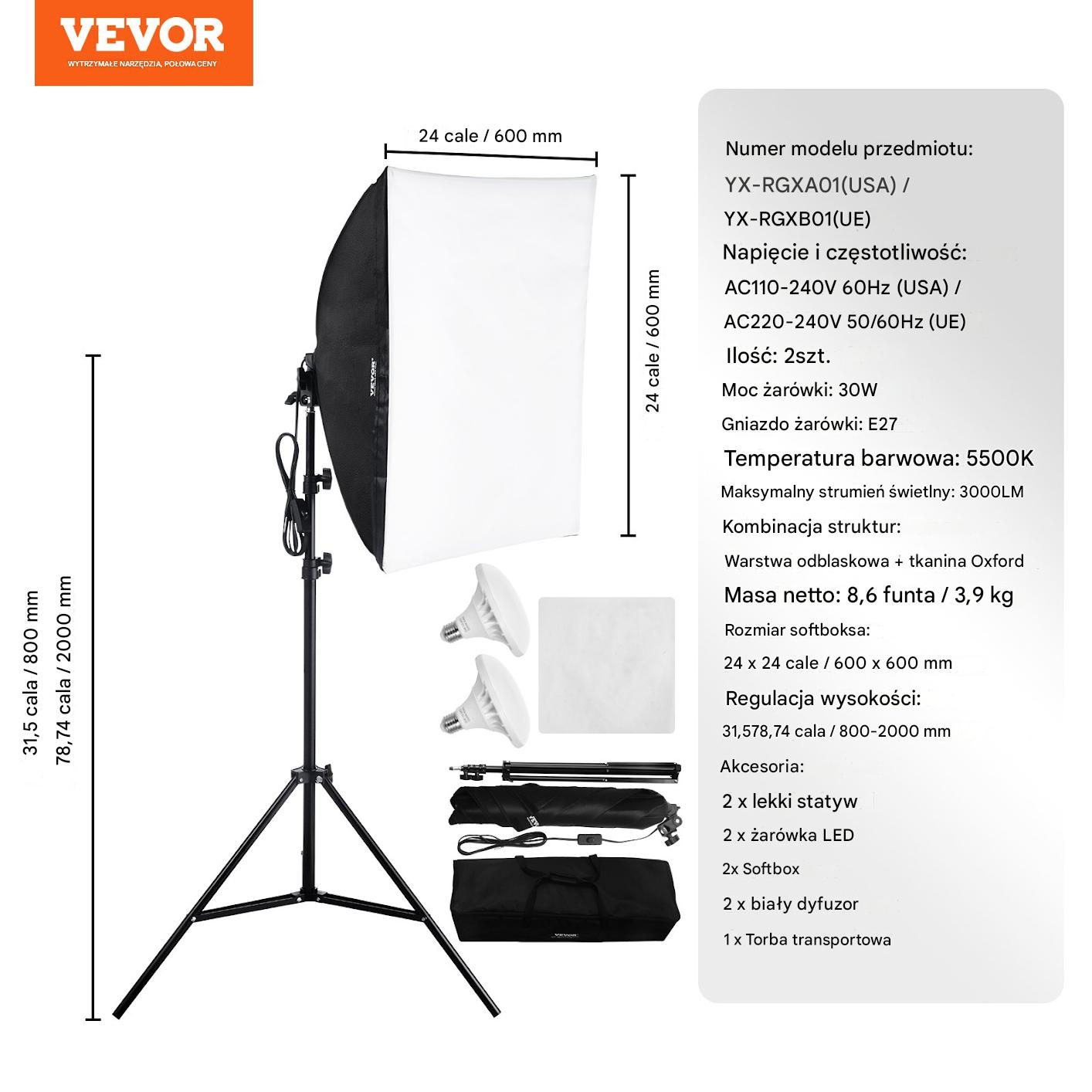 Zestaw 2 x lampa studyjna led 30W + softbox 60x60cm + statyw + futerał - obrazek 2