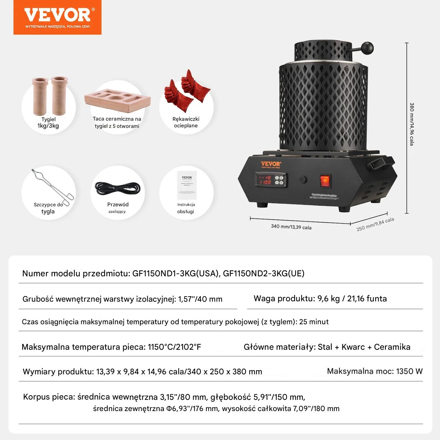 Piec do topienia metali 1350W 1150°C tygiel 1kg i 3kg do złota srebra - obrazek 2