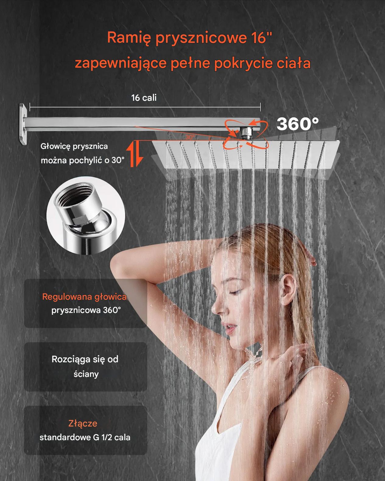 Zestaw prysznicowy deszczownica 30 cm z rączką srebrny montaż ścienny - obrazek 5