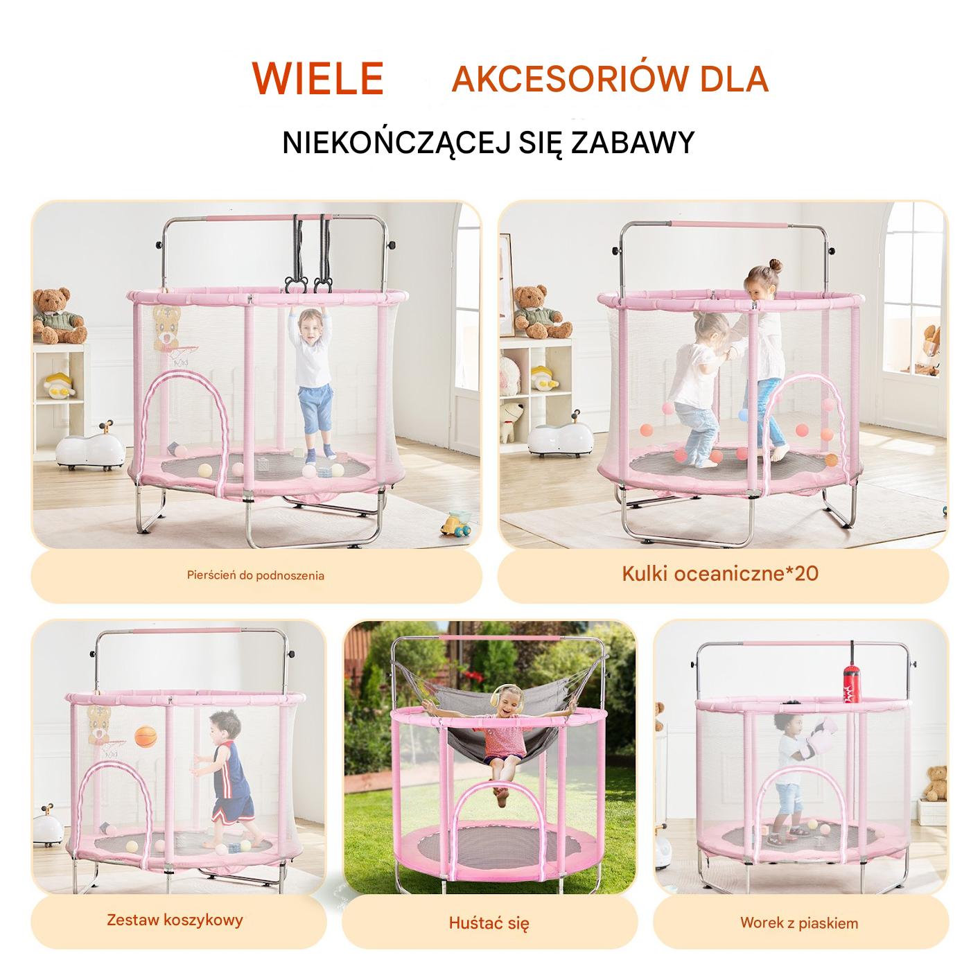 Trampolina mała domowa dla dzieci do domu i ogrodu z siatką różowa 147 cm - obrazek 4