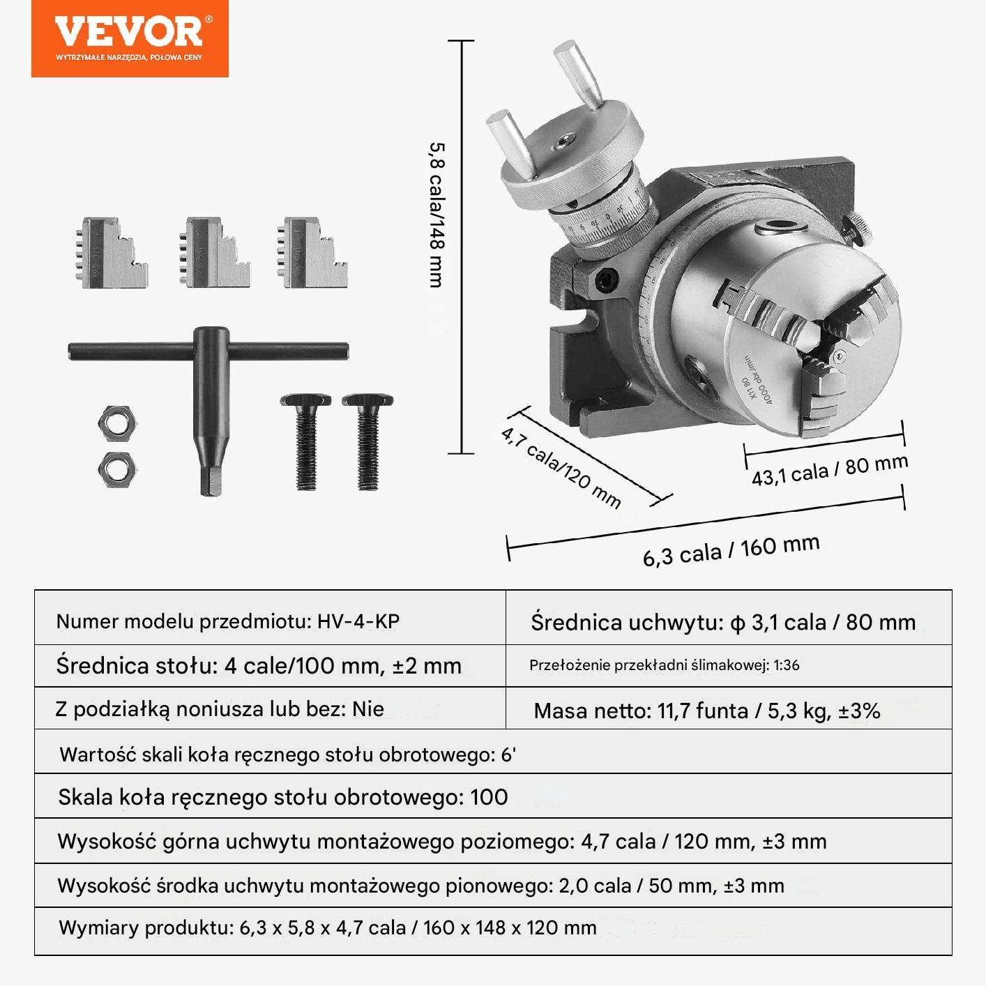 Stół obrotowy do frezarki 100 mm, 3-szczękowy 80 mm, poziomy/pionowy - obrazek 2