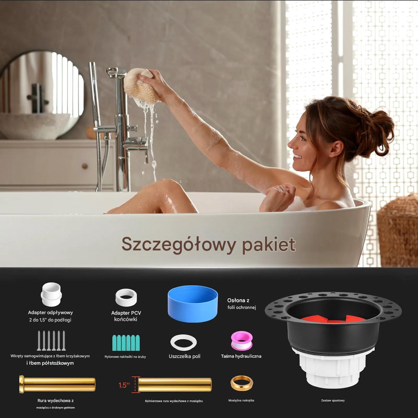 Odpływ do wanny wolnostojącej zestaw PVC z rurami mosiężnymi - obrazek 7