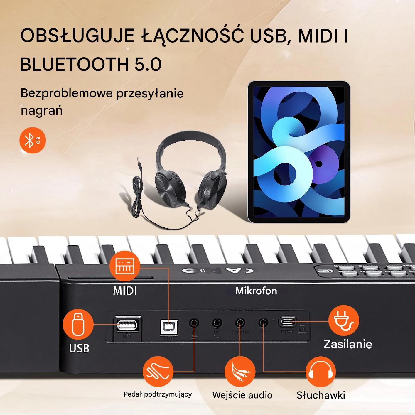 Keyboard 1000 tonów 88-klawiszowe cyfrowe, przenośne, Bluetooth/USB - obrazek 5