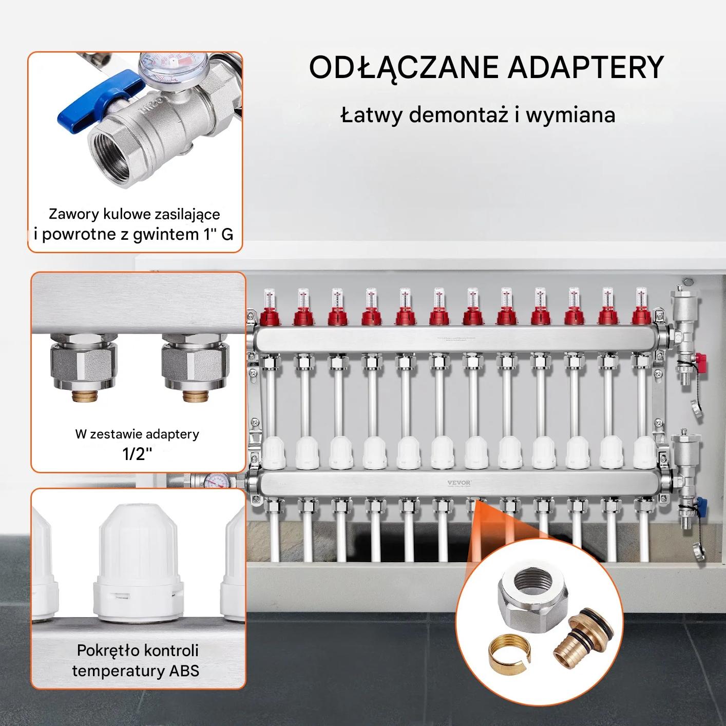 Rozdzielacz ogrzewania podłogowego 12 obw. PEX 1/2 stal z adapterami - obrazek 4