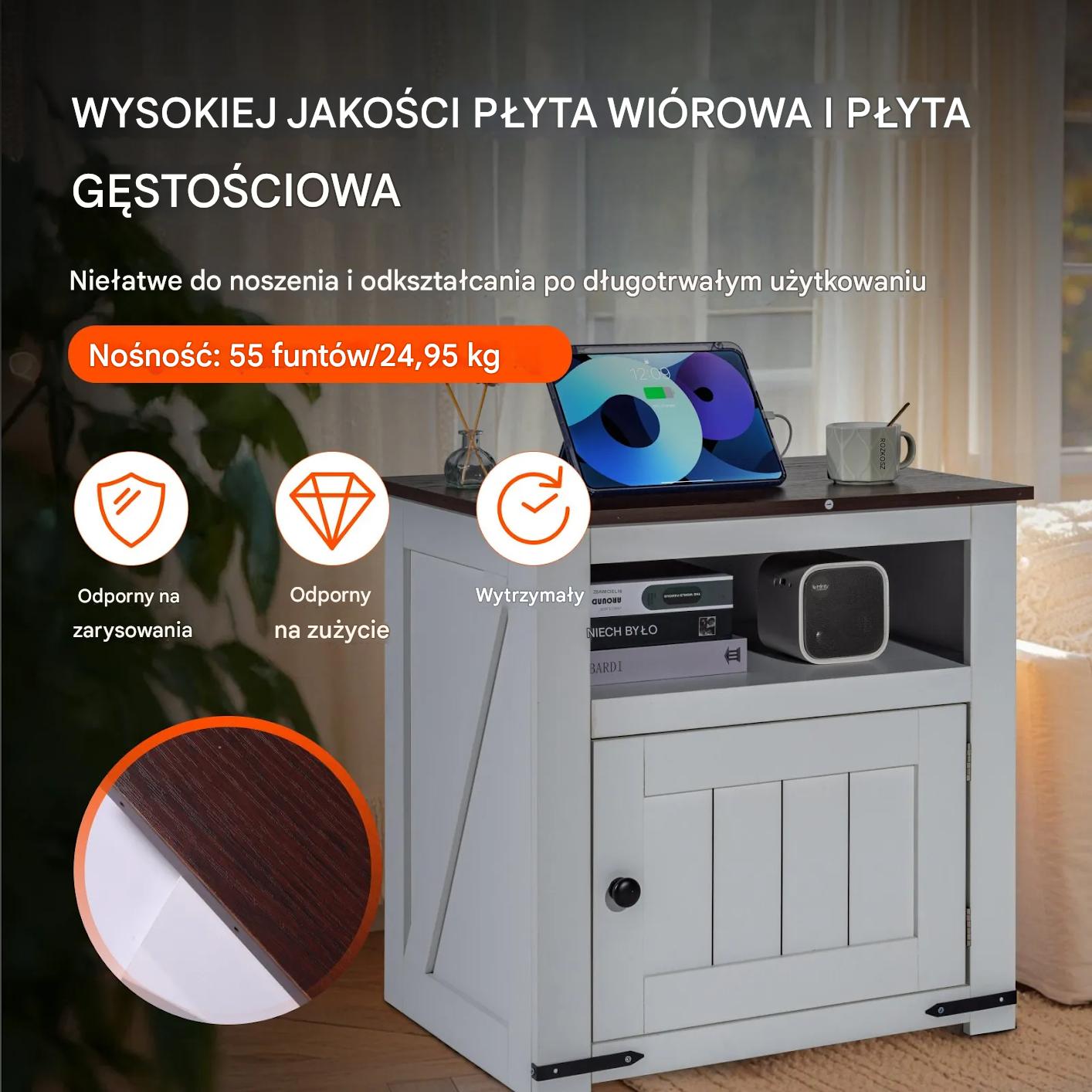 Stolik nocny z USB i szafką 3-poziomowy biały do salonu i sypialni - obrazek 4