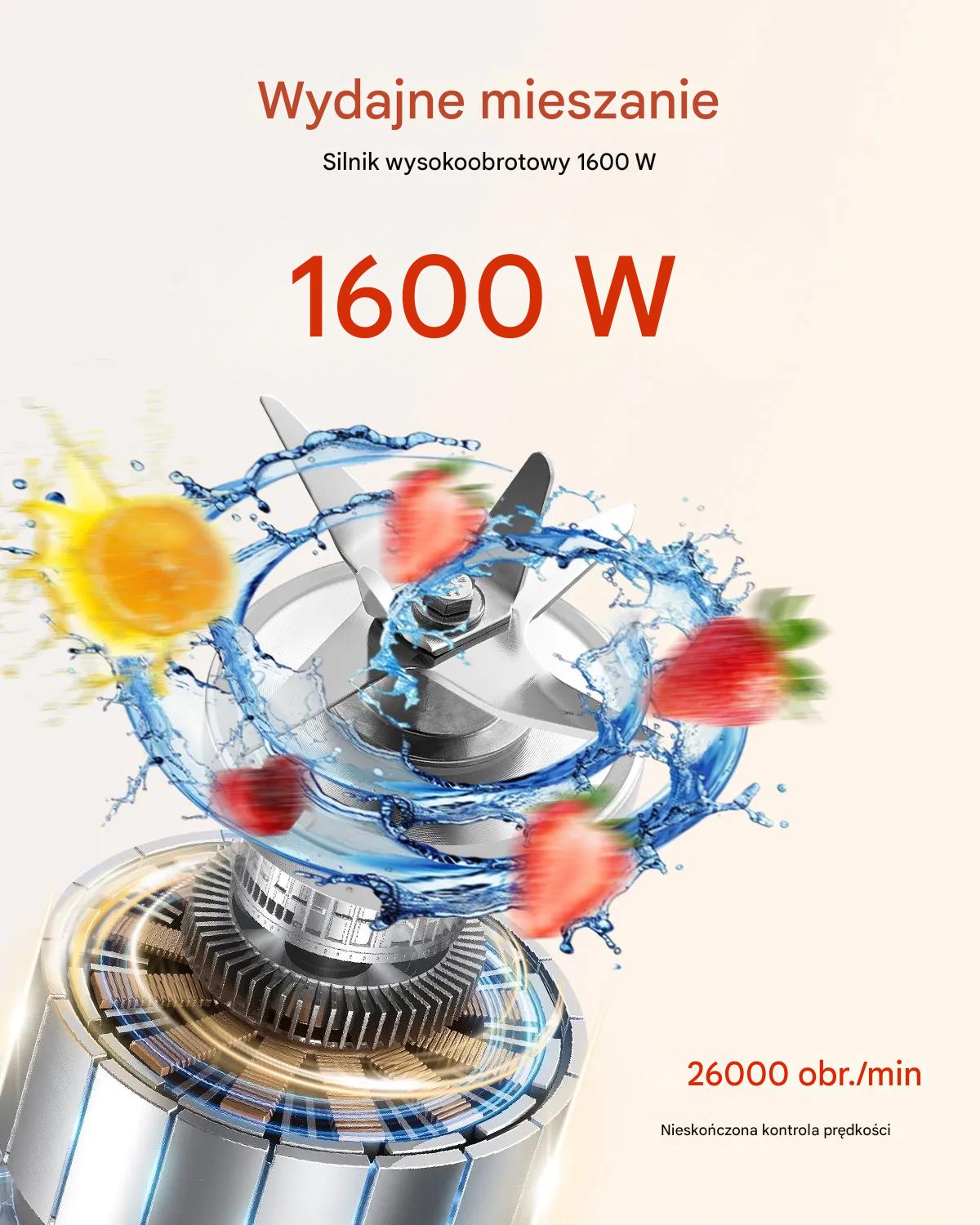 Blender kielichowy wielofunkcyjny 1600W 2,5 L smoothie koktalje i soków - obrazek 3
