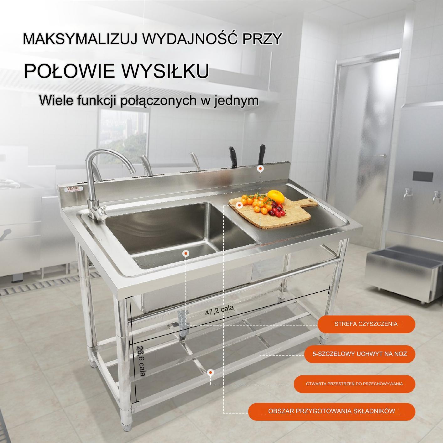 Zlewozmywak zlew stojący nierdzewny 120x50x95 cm blat roboczy gastronomia - obrazek 6