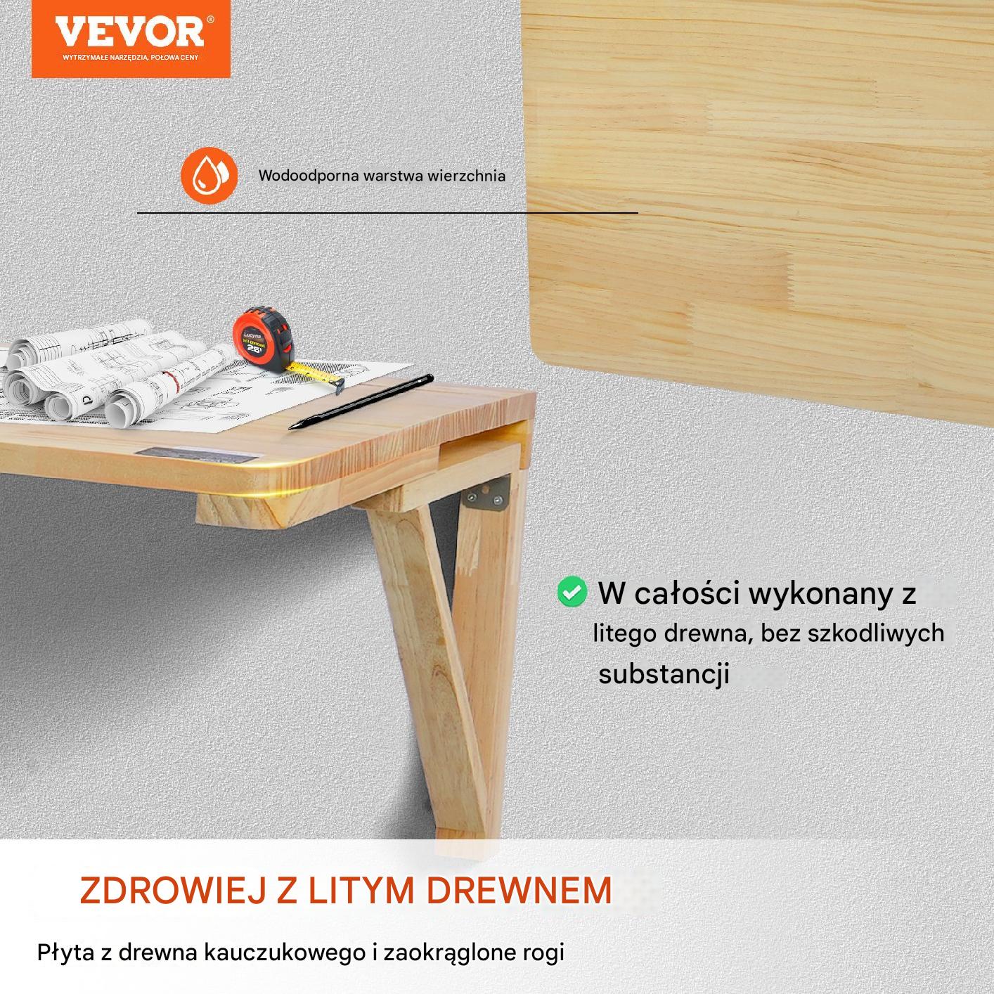 Składany stół ścienny 80x60 cm, drewno sosnowe, 45 kg, blat opuszczany - obrazek 6