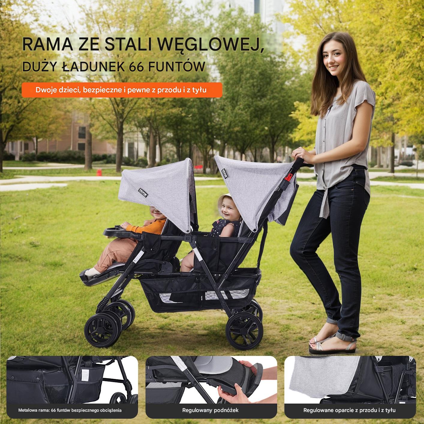 Podwójny jasnoszary wózek spacerowy dla bliźniąt – składany z daszkiem - obrazek 3