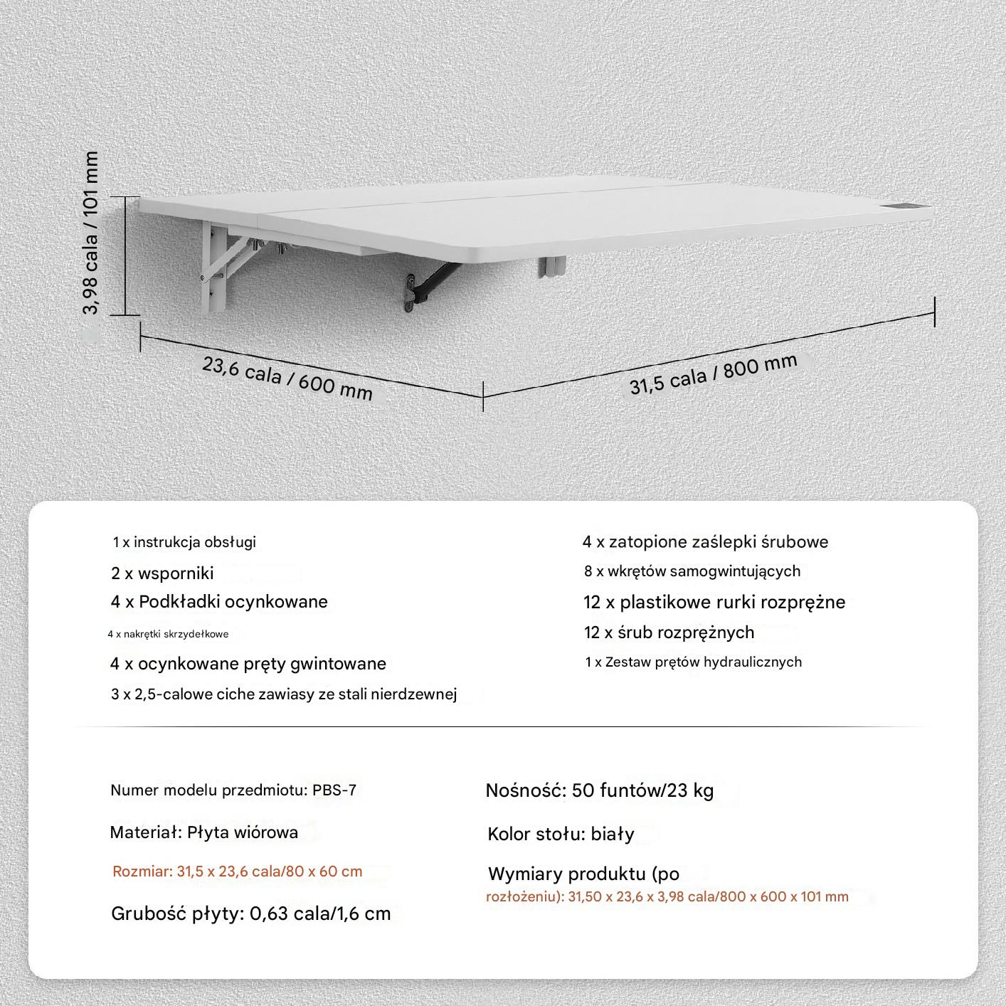 Składany stół ścienny 80x50 cm biały, płyta wiórowa, 23 kg, blat opuszczany - obrazek 2