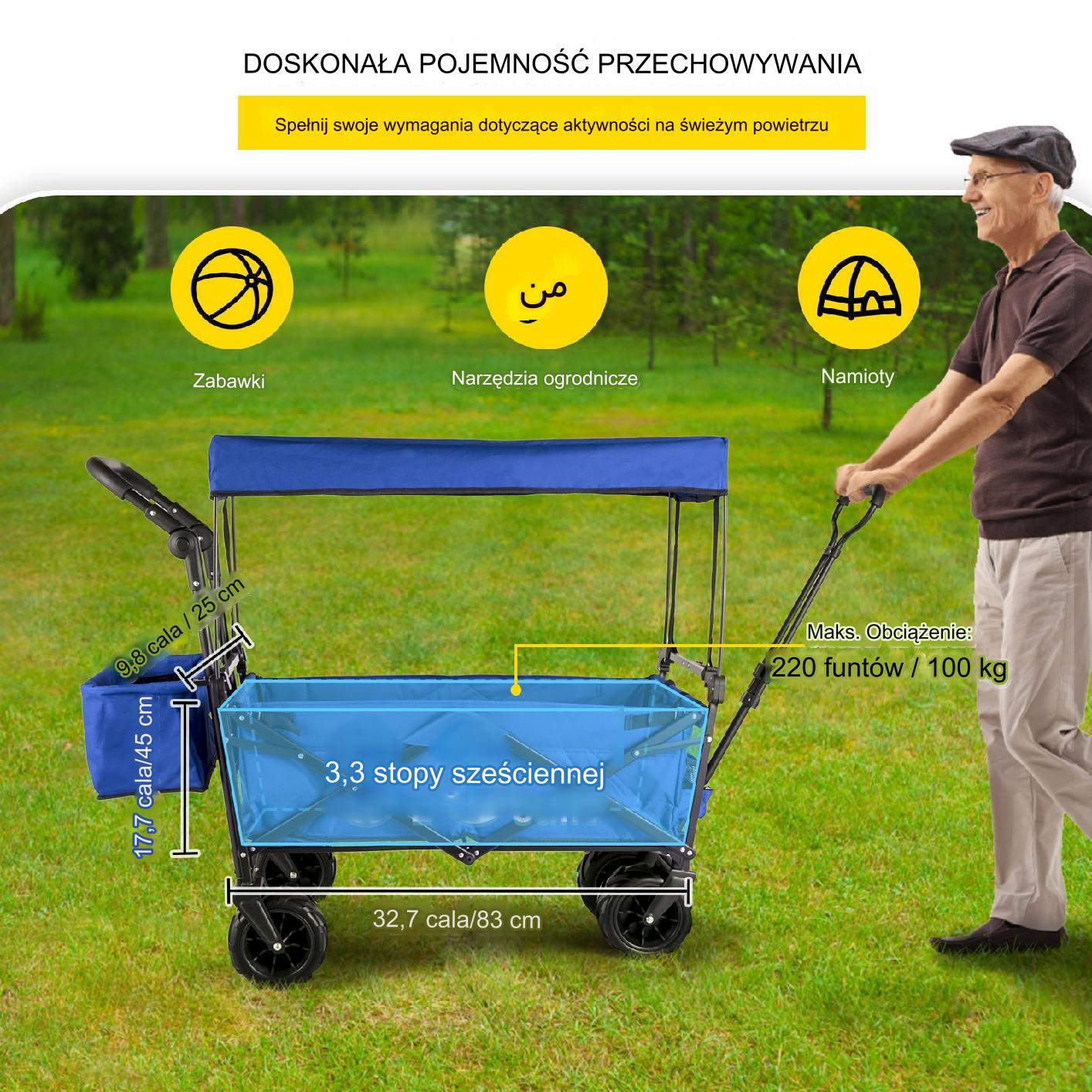 Wózek turystyczny plażowy kempingowy ogrodowy składany kieszenie 100 kg - obrazek 3