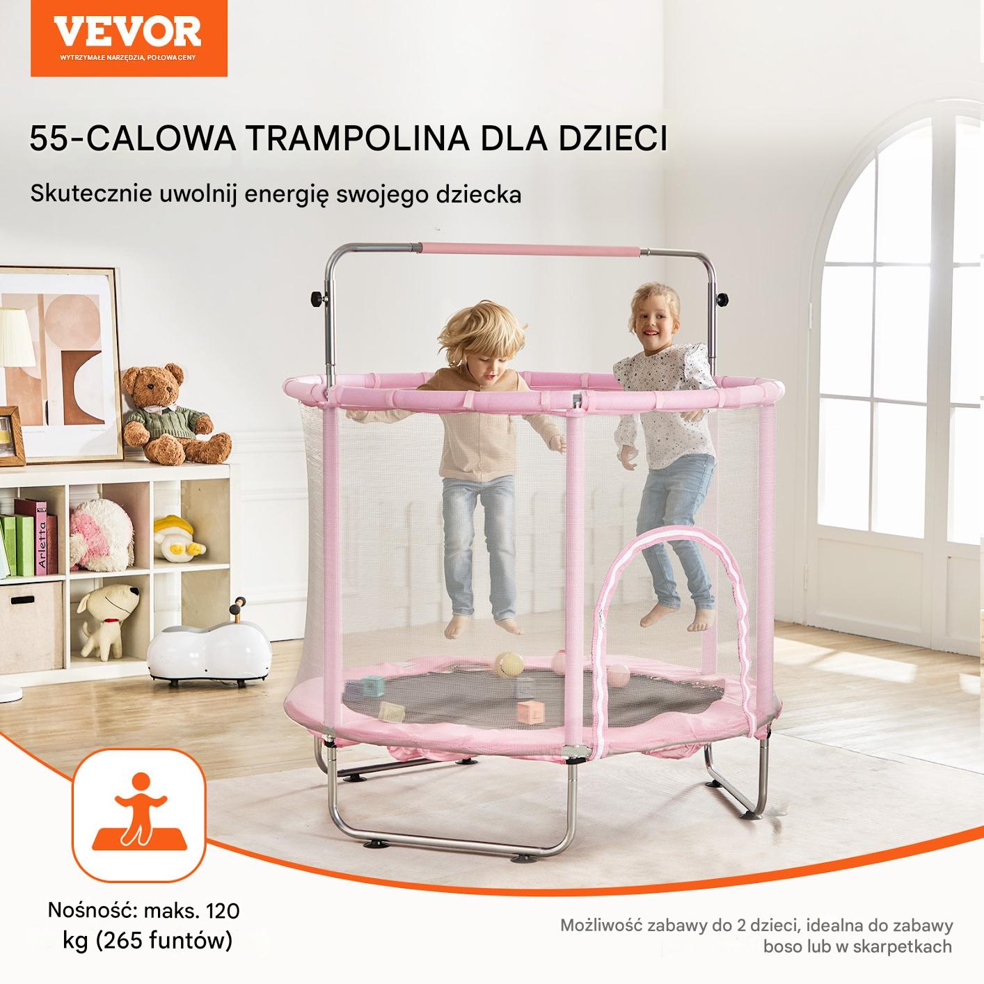 Trampolina mała domowa dla dzieci do domu i ogrodu z siatką różowa 147 cm - obrazek 3