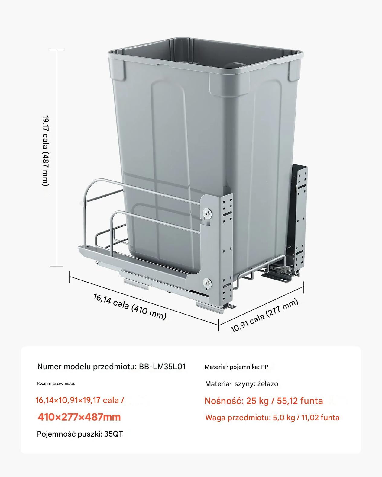 Kosz wysuwany do szafki szuflada soft-close, metalowy system, do kuchni - obrazek 2