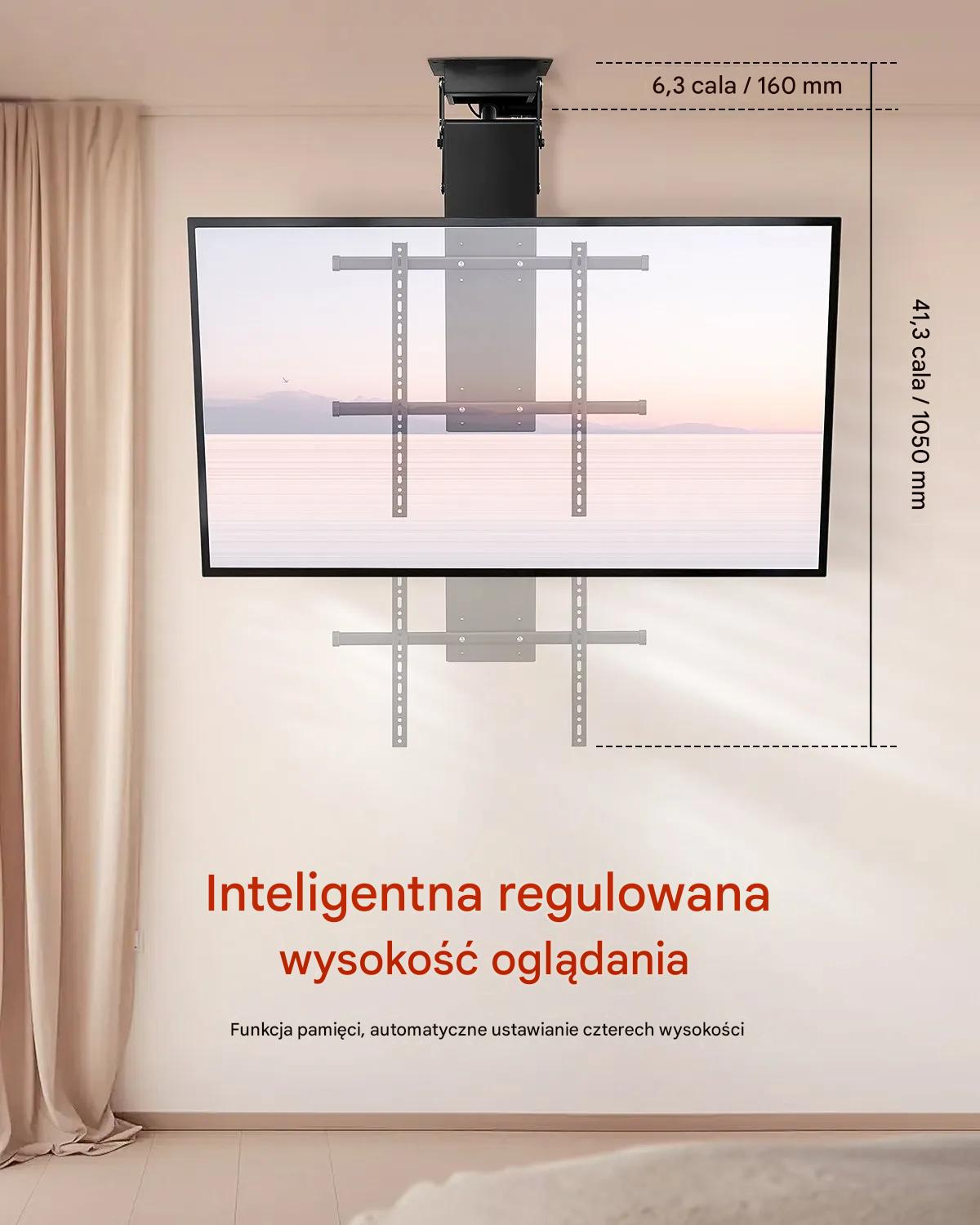 Uchwyt TV sufitowy 32–70" elektryczny regulowany flip-down VESA do zabudowy - obrazek 3