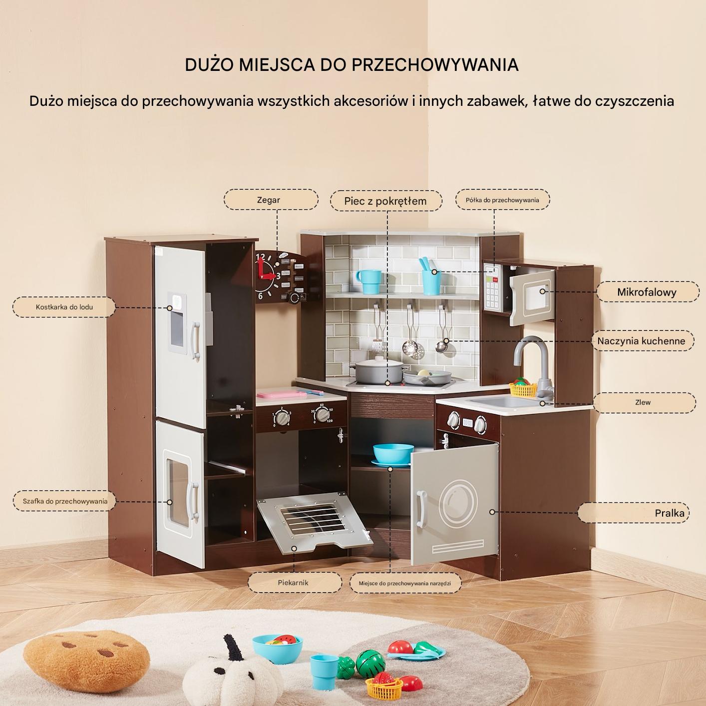 Zestaw kuchenny dla dzieci 24 akcesoria brązowy drewniany z blatem - obrazek 3