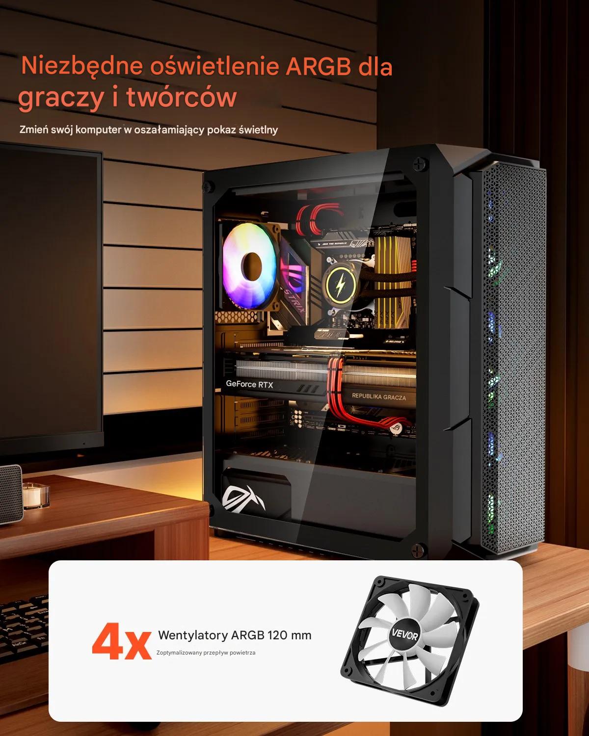 Obudowa PC gaming ATX mid tower ARGB szkło hartowane wysoki airflow - obrazek 3