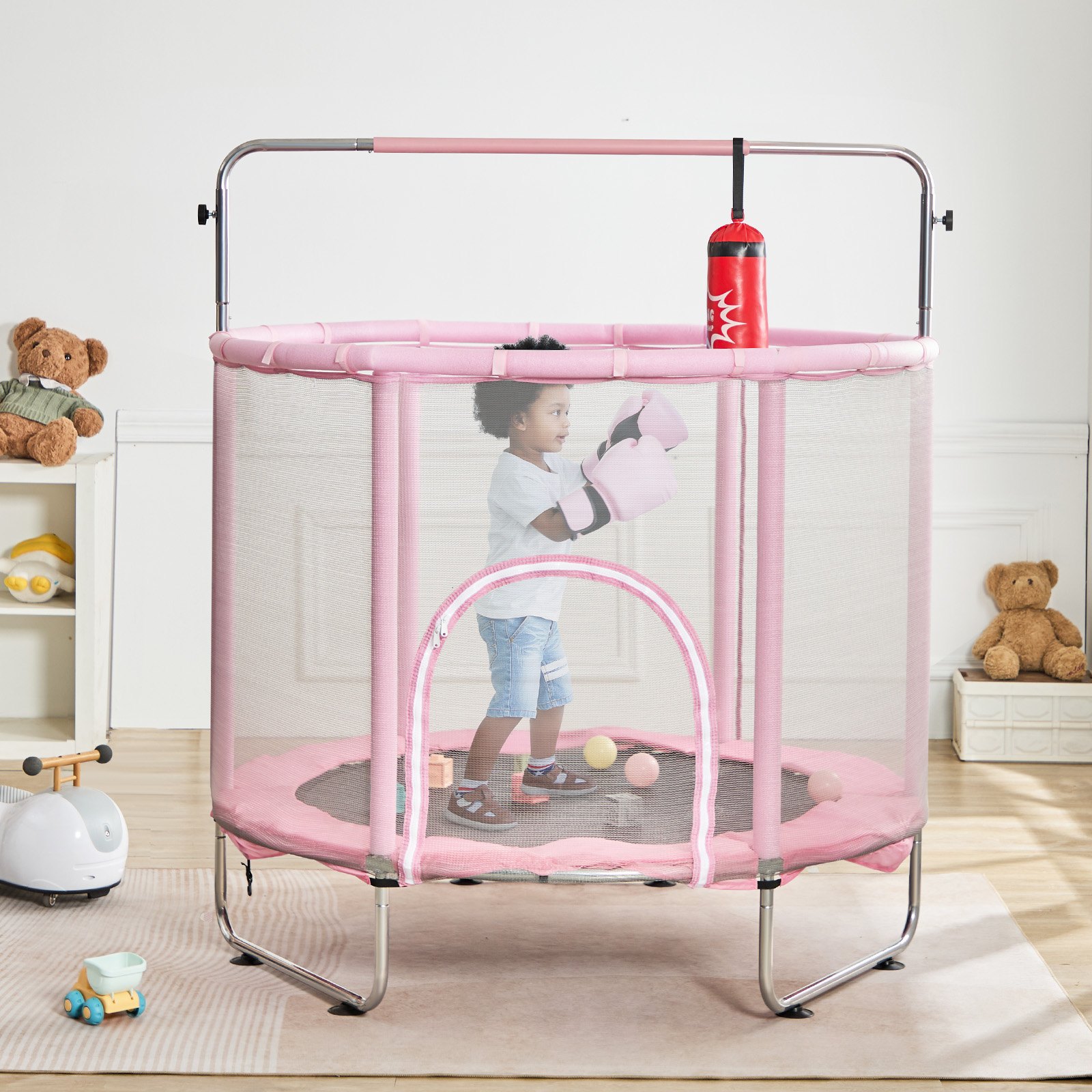 Trampolina mała domowa dla dzieci do domu i ogrodu z siatką różowa 147 cm - obrazek 6