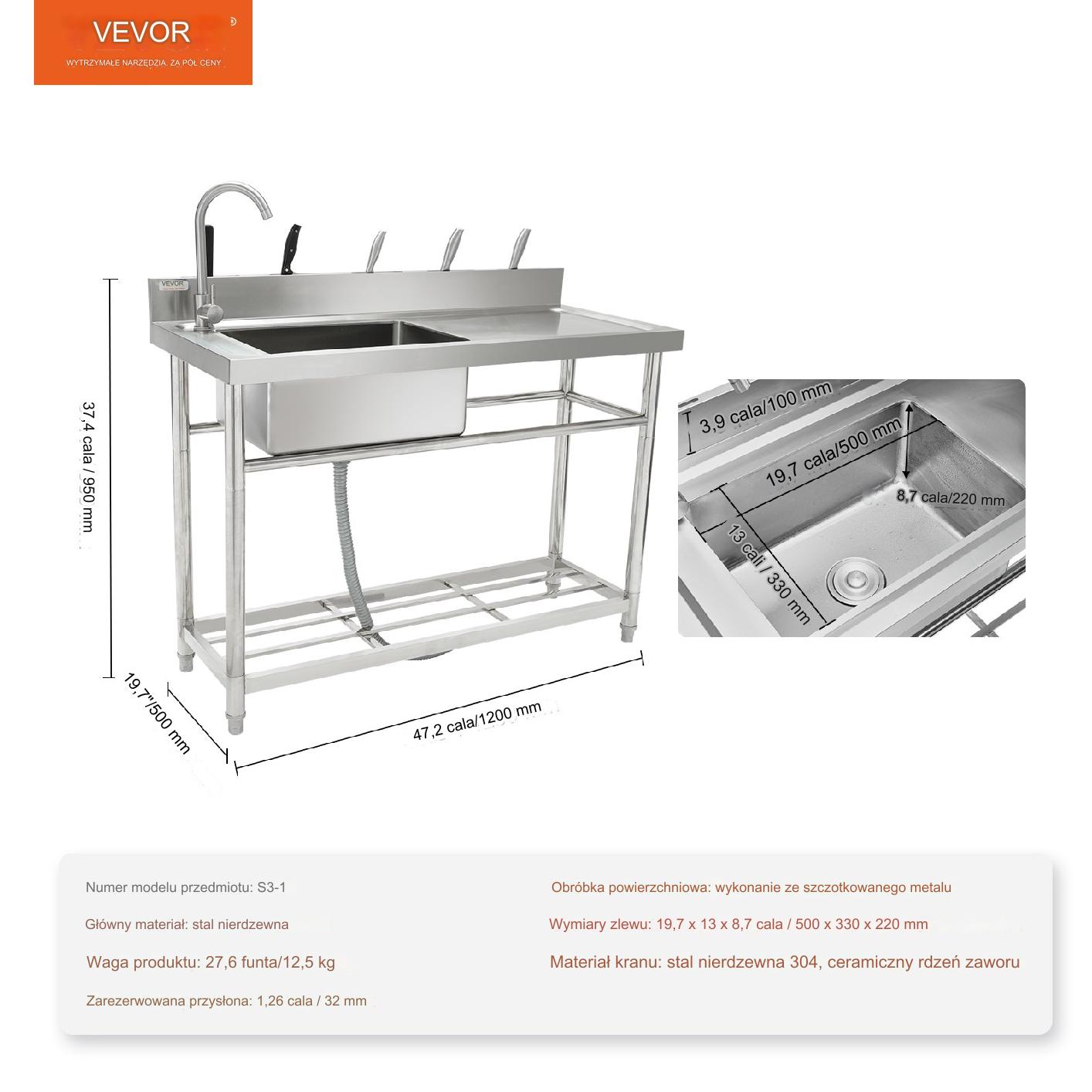Zlewozmywak zlew stojący nierdzewny 120x50x95 cm blat roboczy gastronomia - obrazek 2