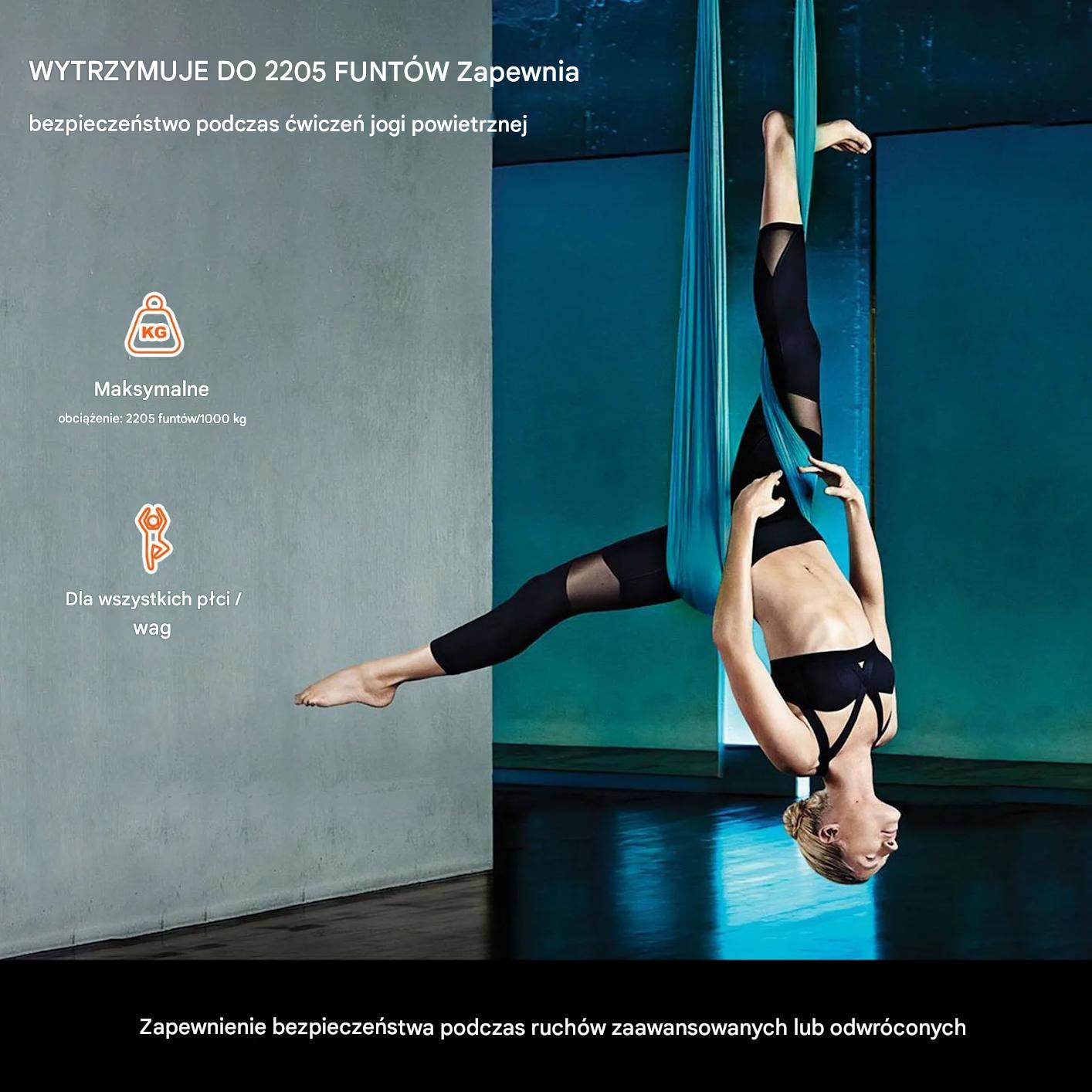 Hamak aerial yoga 5m z osprzętem 100gsm nylon do treningu zielony - obrazek 4