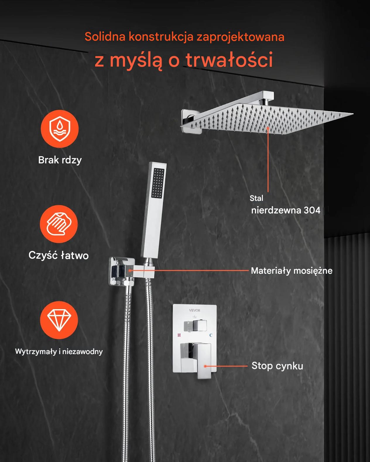 Zestaw prysznicowy deszczowy 30,5 cm z baterią i słuchawką ścienny chrom - obrazek 3