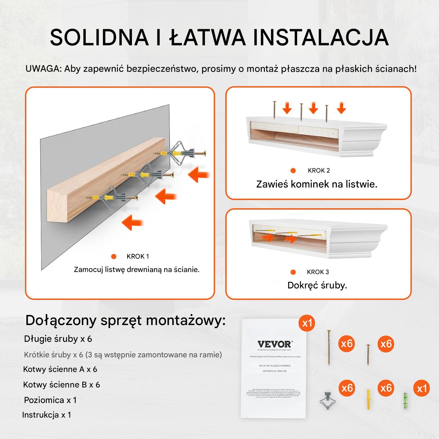 Półka na Kominek 152 cm Drewniana Sosnowa Wisząca do Salonu Biała - obrazek 4