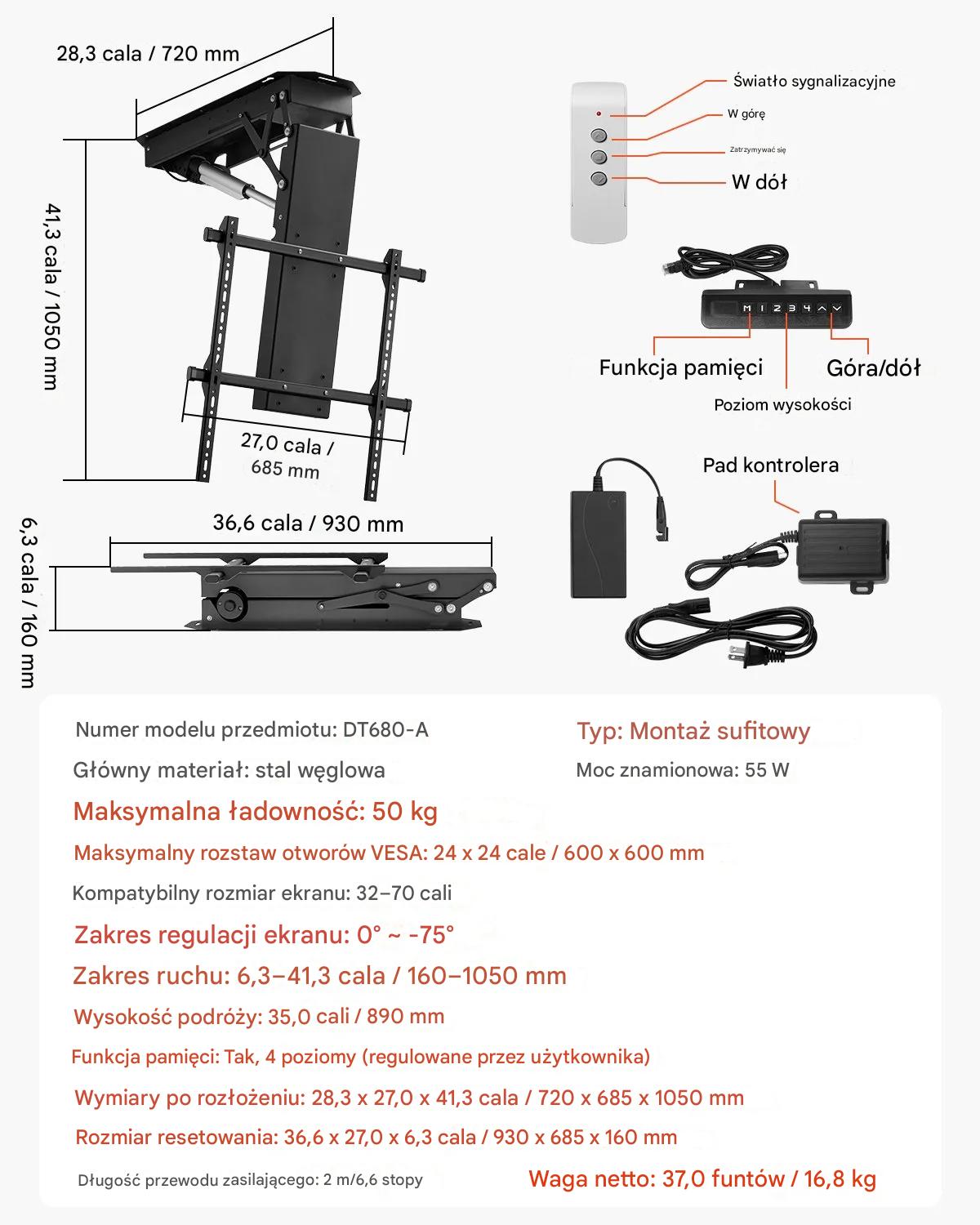 Uchwyt TV sufitowy 32–70" elektryczny regulowany flip-down VESA do zabudowy - obrazek 2