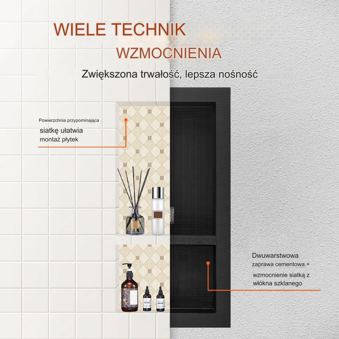 Wnękowa półka łazienkowa 40x81 cm, 2 poziomy, XPS, wbudowana, czarna - obrazek 4