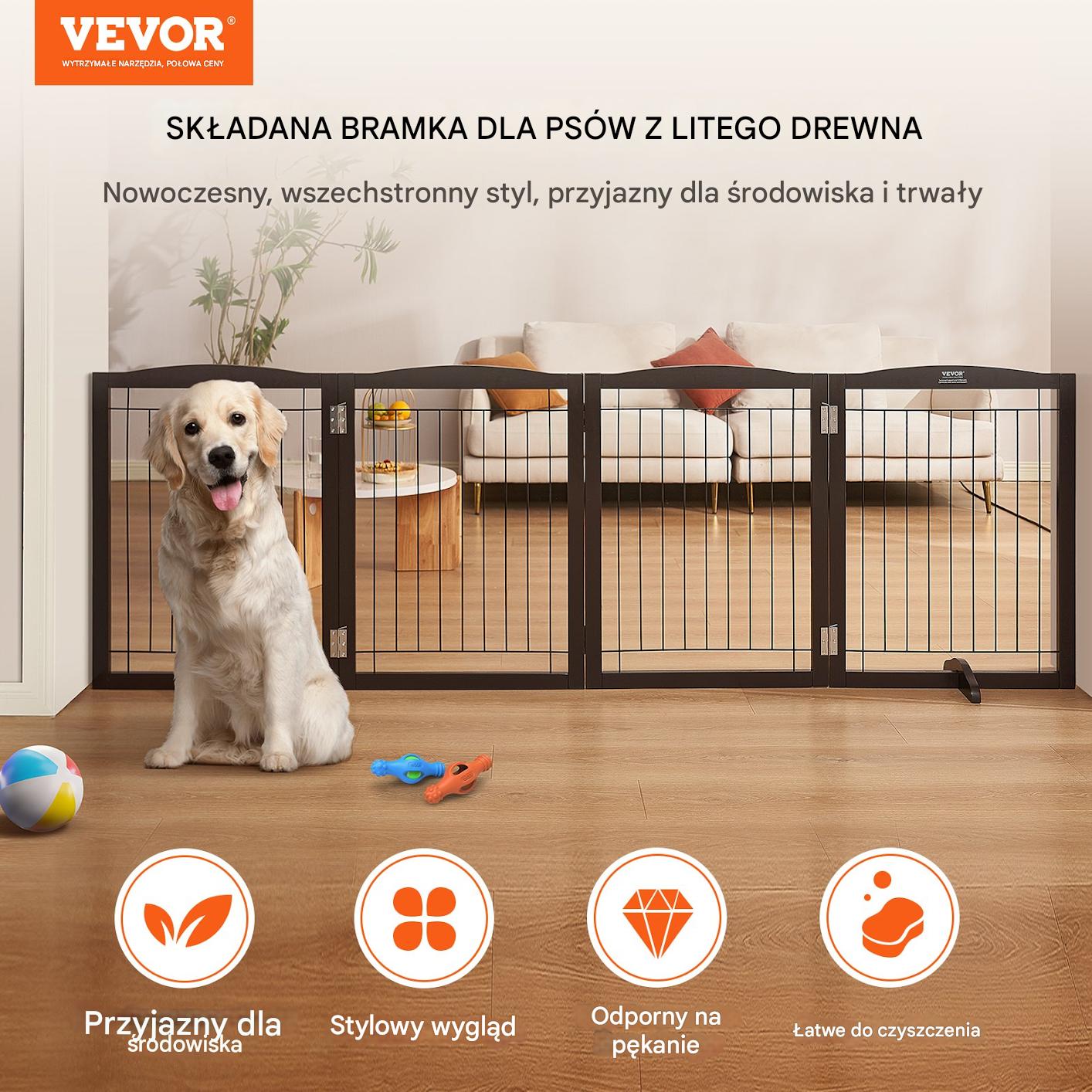 Bramka dla psa składana 4-panelowa, brązowa, drewniana, szer. do 245 cm - obrazek 7