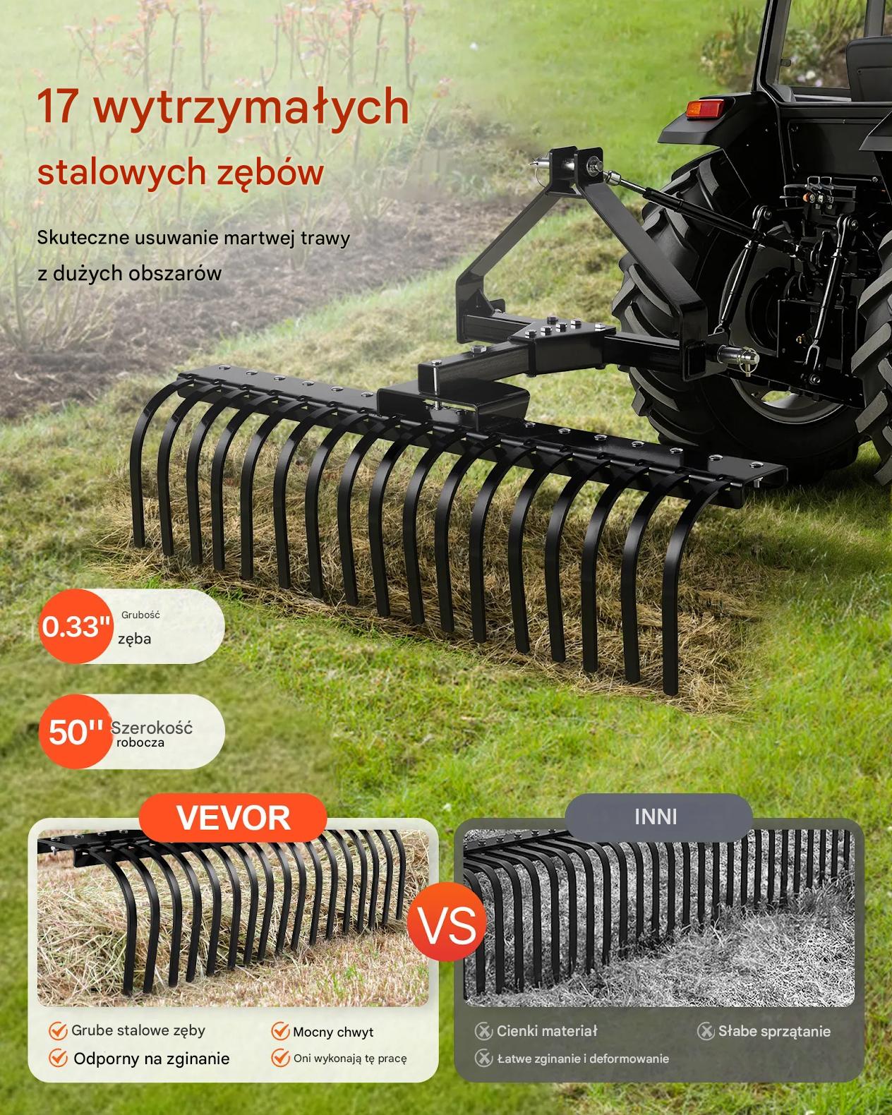 Zgrabiarka do traktorka 127cm 3-punktowa do trawy i gałęzi - obrazek 3