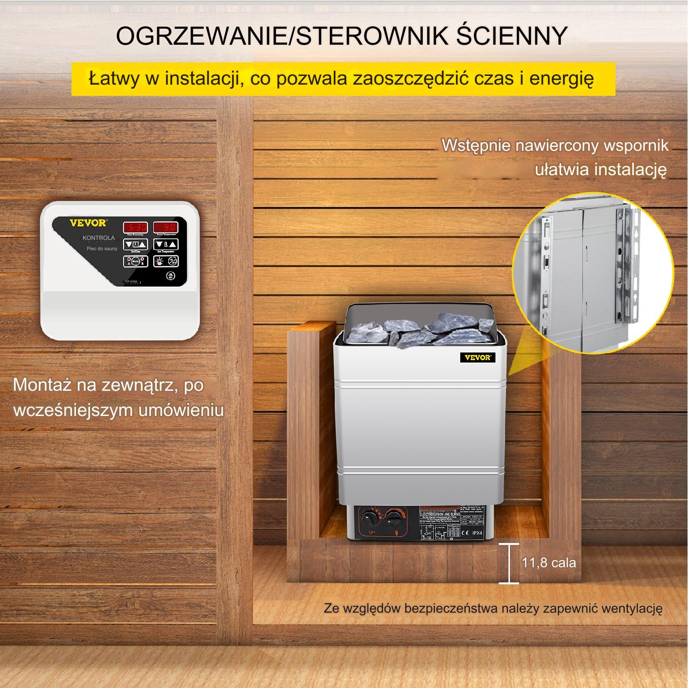 Piec do sauny elektryczny 9 kW ze sterownikiem zewnętrznym stal - obrazek 4
