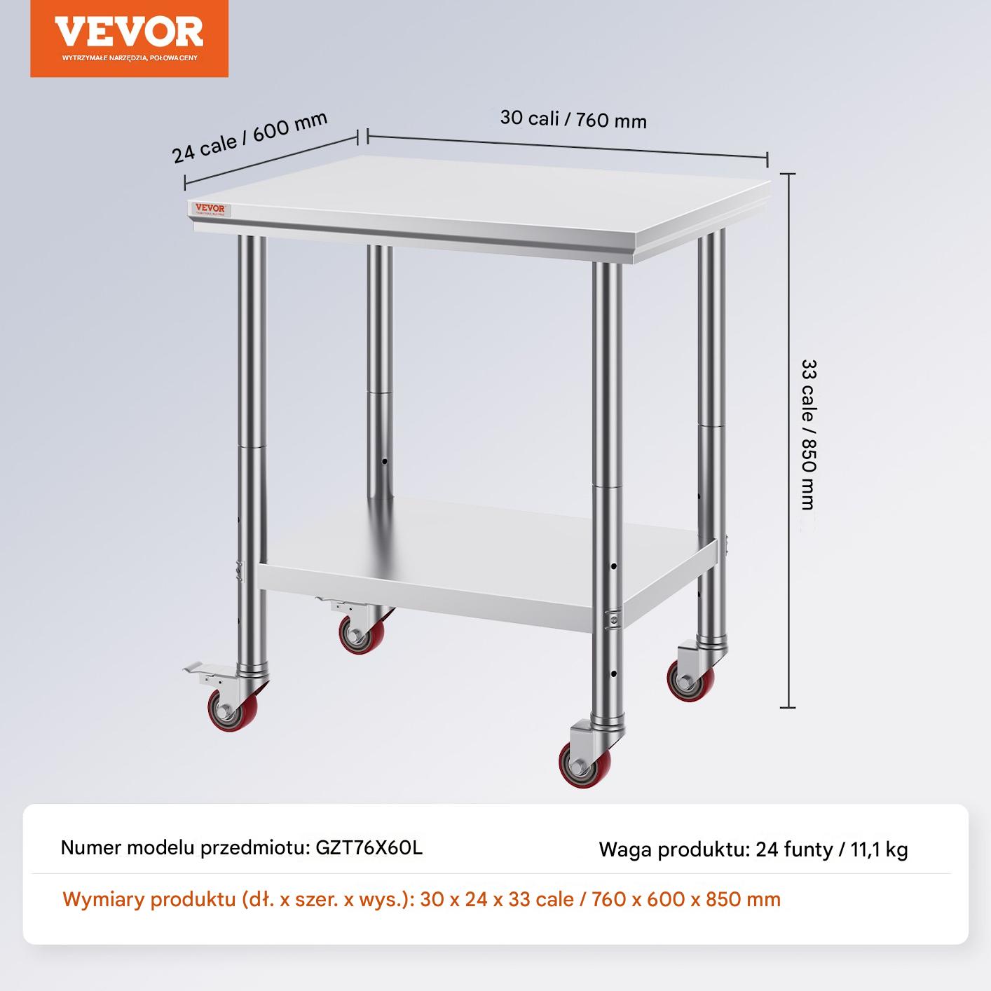 Stół roboczy ze stali nierdzewnej 76x60x85 cm mobilny 317 kg 3-poziomowy - obrazek 2